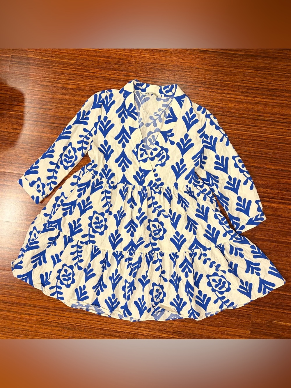 Zara Blue and White Botanical Print wrap front tiered Mini Dress - Size Small